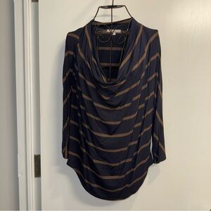 Red Haute Cowl Neck Three Quarter Sleeve Stretch Tee Navy & Brown Striped